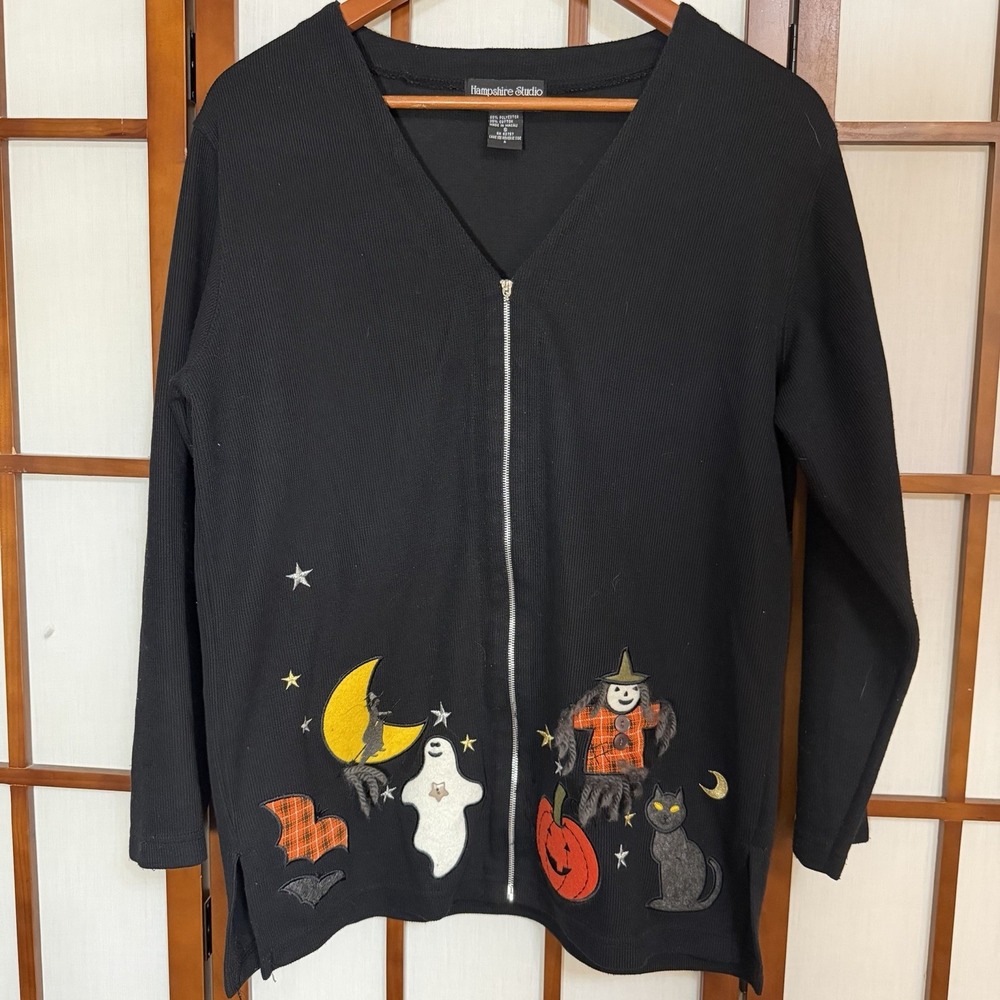 Hampshire Studios Halloween Ghost Boo Zip Cardigan Black Applique Small 90s Y2k